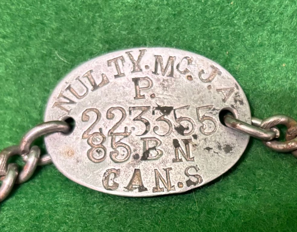 WW1 CEF Idenity Bracelet to Private J A McNulty 85Bn CEF