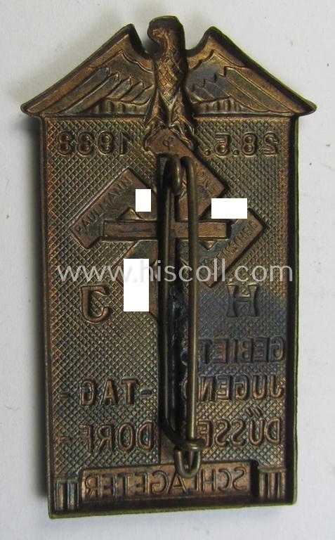 Attractive - and actually scarcely encountered! - HJ ('Hitlerjugend') related 'tinnie' being a maker- (ie. 'Paulmann & Crone'-) marked example showing the text: 'Schlageter HJ-Gebiets-Jugendtag - Düsseldorf - 28.5.1933'