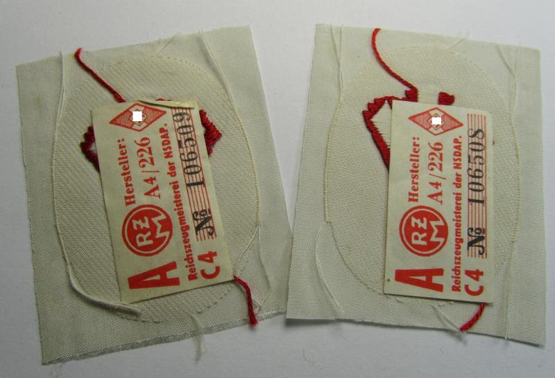 Superb, HJ/BDM (ie. 'Hitlerjugend'/'Bund Deutscher Mädel') trade- or specialist armbadge as executed in neat 'BeVo'-weave pattern as was intended for usage by a: 'Feldscher' (or: medical orderly) still retaining its period 'RzM'-etiket