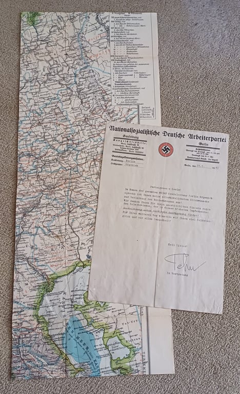 Congratulatory Letter to SS winner Max Seela "Knights Cross" "Totenkopf division“  from the NSDAP Kreisleitung Berlin Köpenick