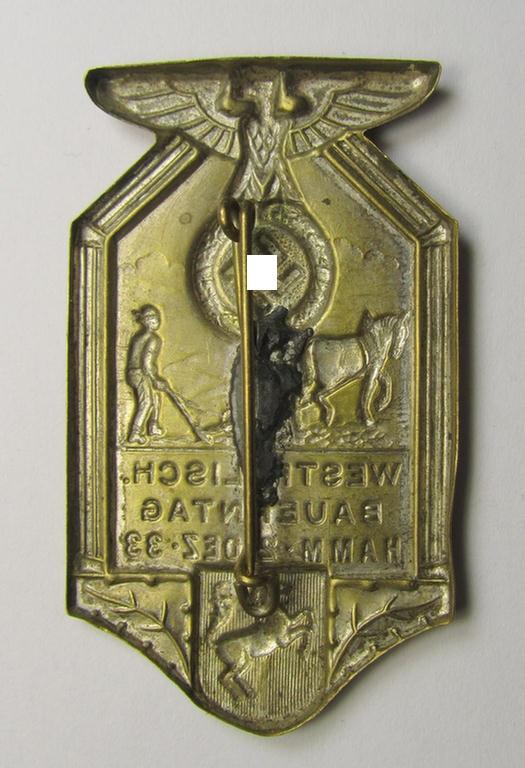 Commemorative, copper-based- and early-period, N.S.D.A.P.-related 'tinnie' being a non-maker-marked example depicting an eagle-device and farmers'-scenery and showing the text: 'Westfälisch. Bauerntag - Hamm - 2. Dez. 1933'