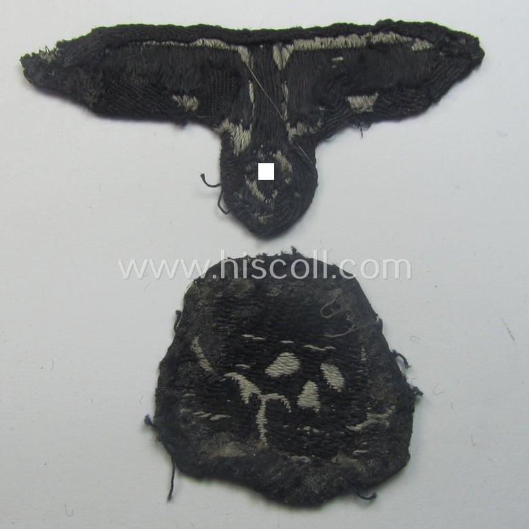 Superb - and nowadays rarely encountered! - Waffen-SS, 'BeVo'-woven-style skull- and cap-eagle-set (ie. 'Totenkopf- u. Adler-Effektensatz für Schiffchen o. Einheitsfeldmütze') that comes in a moderately used- and/or cap-removed, condition