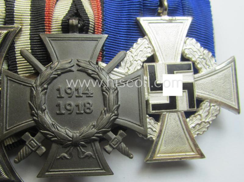 3-pieced 'WWI'- (ie. TR-) related medal-bar (ie. 'Ordenspange') resp. depicting a WWI-period: 'EK II.Kl.', a: 'FKK 1914-18' and a: 'TD-Ez. der 2. Kl.'