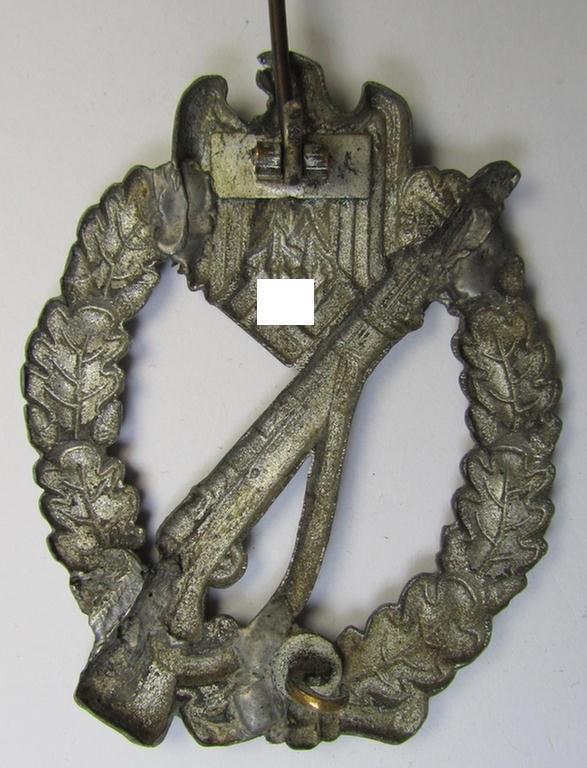 Attractive, 'hollow-back' 'Infanterie Sturmabzeichen in Silber' (or: silver infantry-assault badge ie. IAB) being a non-maker-marked example as executed in zinc-based metal (ie. 'Feinzink') as was produced by the: 'Wilh. Deumer'-company