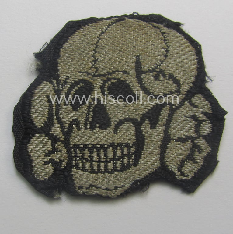 Superb - and nowadays rarely encountered! - Waffen-SS, 'BeVo'-woven-style skull- and cap-eagle-set (ie. 'Totenkopf- u. Adler-Effektensatz für Schiffchen o. Einheitsfeldmütze') that comes in a moderately used- and/or cap-removed, condition