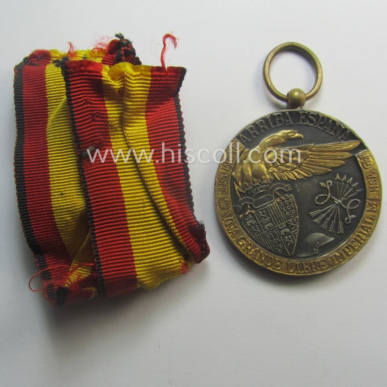 Spanish-issued, Spanish Civil-War commemorative-medal called: 'Medalla de la Campaña 1936-1939' that came together with its clearly confectioned ribbon