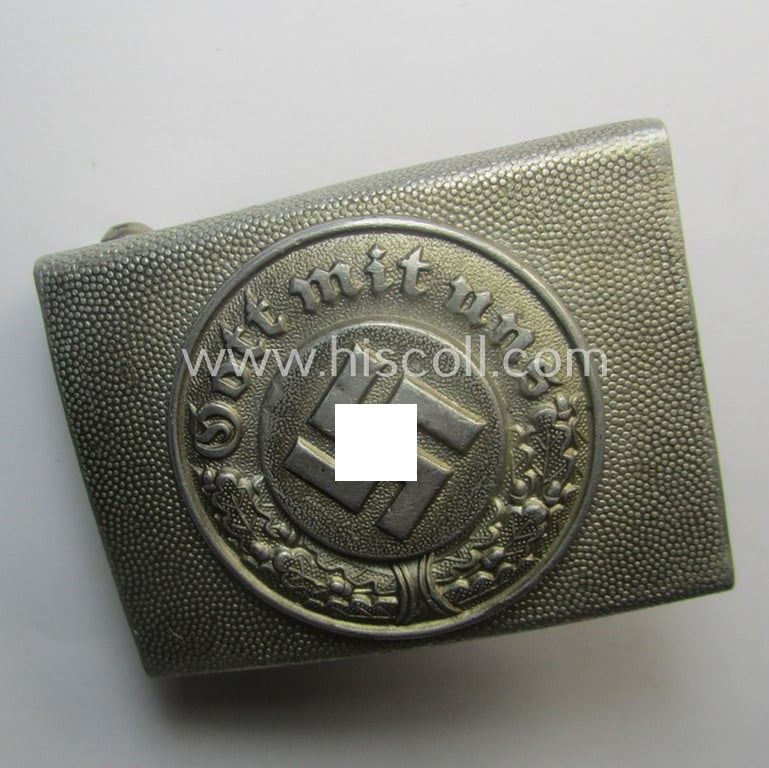Police- (ie. 'Polizei') 'standard-issued'-pattern, silver-toned- and/or aluminium-based belt-buckle (ie. 'Koppelschloss für Mannschaften u. Uffz. der Polizei') being a non-maker-marked example