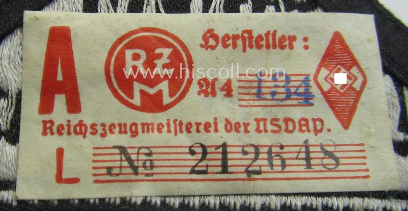 'HJ' ('Hitlerjugend') ie. 'BDM' ('Bund Deutscher Mädel') district-triangle (ie. 'Gebietsdreieck') entitled: 'Südost Oberdonau' (being a 'virtually mint' example that retains its period-attached, paper-based so-called: 'RzM'-etiket)