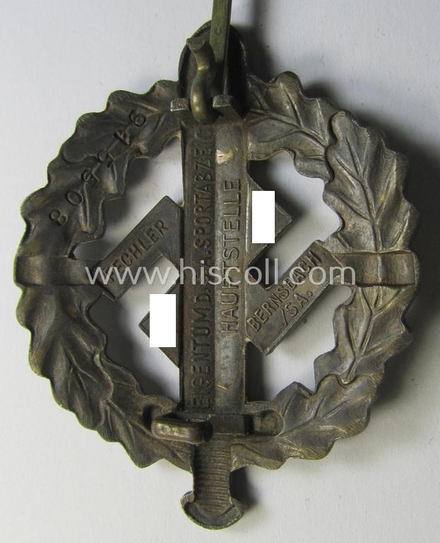 Neat, early- (ie. pre-) war-period example of an: 'SA-Sportabzeichen in Bronze' being a detailed and/or neatly maker- (ie. 'Fechler - Bernsbach i. Sa.'-) marked example that shows an impressed bearers'-number (ie. '915508')