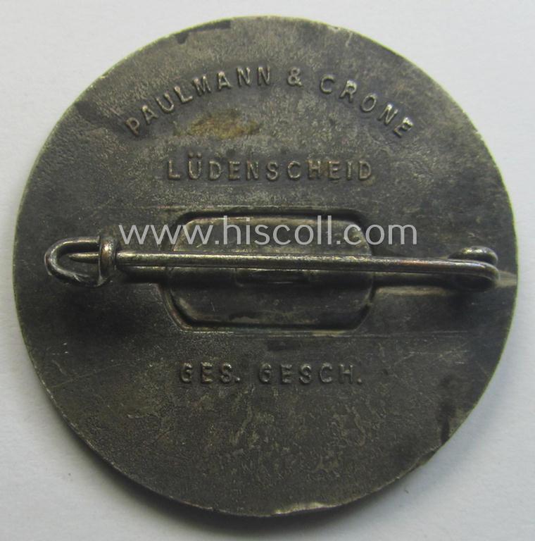Commemorative, silvered 'Buntmetall'-based N.S.D.A.P.- (ie. WHW-) related 'tinnie' being a maker- (ie. 'Paulmann u. Crone'-) marked example depicting A.Hitler and text: 'Hitlers' Dank für den Dienst am Volke - Gau Süd-Hannover - Braunschweig...