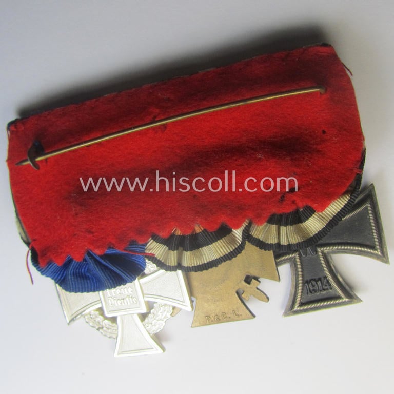 3-pieced, 'WWI'- (ie. TR-) related medal-bar (ie. 'Ordenspange') resp. depicting a WWI-period: 'EK II.Kl.', a: 'FKK 1914-18' and a: 'TD-Ez. der 2. Kl.'