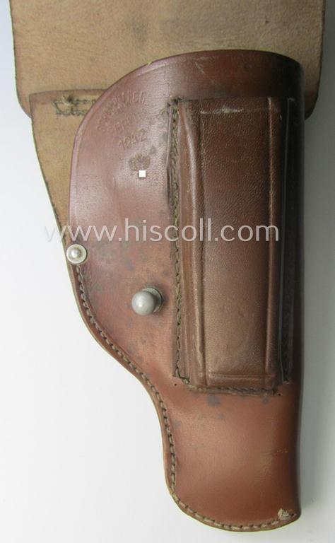WH (Heeres, LW etc.) reddish-brown-coloured- and/or genuine leather-based, so-called: 'Mauser 7.65 mm. Pistole'-soft-shell holster being a neatly maker- (ie. 'Schambach & Co. - Berlin'-) marked, 'WaA'-stamped and/or: '1942'-dated example