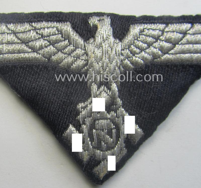 TeNo (ie. 'Technische Nothilfe') officers'-pattern arm-eagle (ie. 'Ärmeladler für Offiziere der TENO') being a (maker-marked!) example as executed in 'BeVo'-weave, 'flat-wire'-pattern onto a ('padded') darker-blue-coloured background