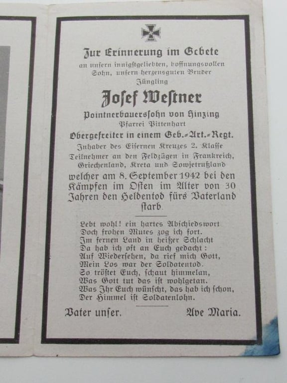 Wehrmacht ( Gebirgsjäger ) Death Card