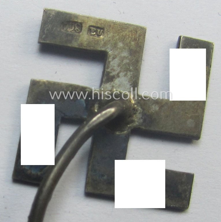 Genuine-silver-based (and/or '800'-marked!) regular-sized (and I deem early-period!) so-called: 'N.S.D.A.P.'-supporters'-swastika-lapel-pin that comes in a truly used- and/or worn, condition