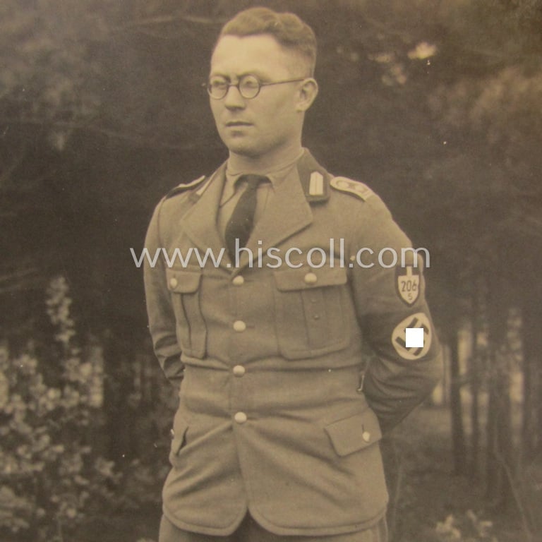 Truly used, EM- (ie. NCO-) pattern, so-called: RAD (ie. 'Reichsarbeitsdienst') sleeve-badge (or: 'Dienststellenabzeichen') bearing the specialist- ie. unit designation: '206/8' and that came with 3 photographs of its bearer