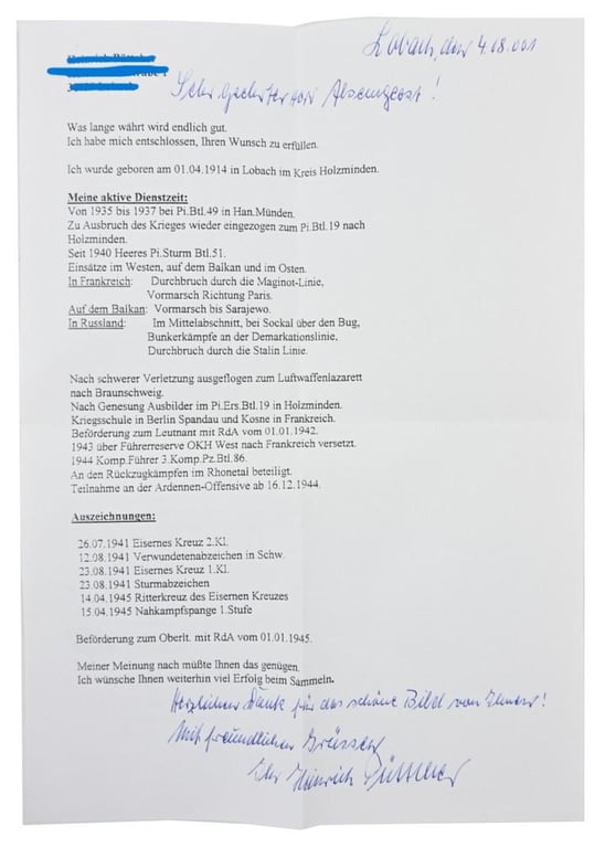 Signature of Wehrmacht Heer KC Recipient 'Heinrich Püttcher'