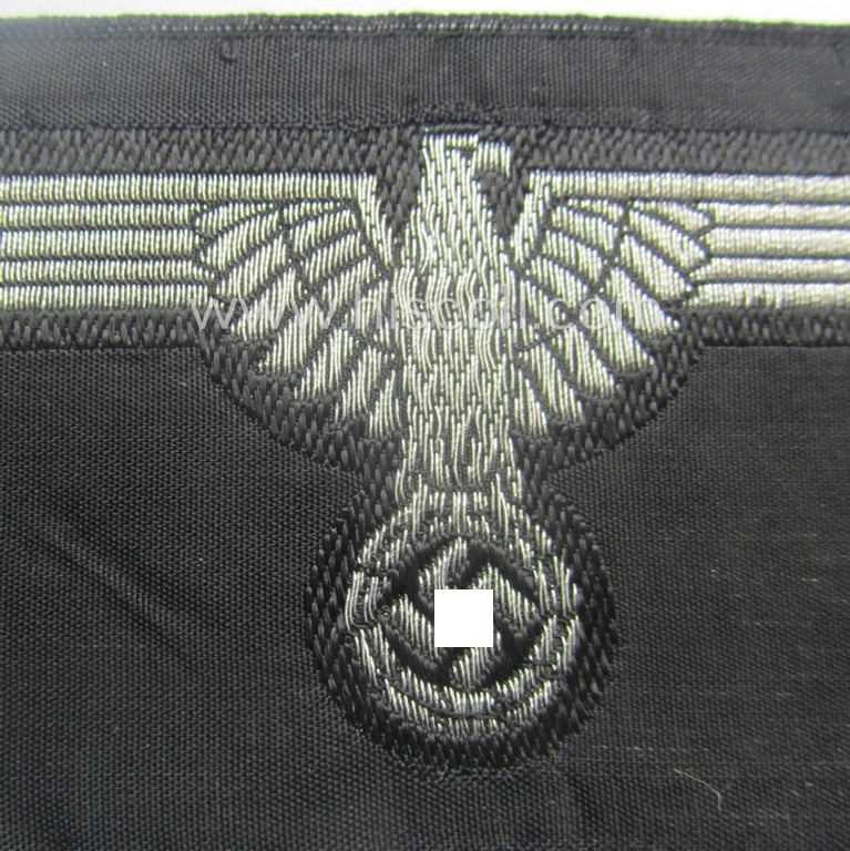 Superb - and truly rarely encountered! - mid- (ie. later-war-) pattern 'SS' (ie. 'Waffen-SS') officers'-pattern arm-eagle (ie. 'Ärmeladler für Führer der Waffen-SS') as executed in the neat 'BeVo', flatwire-weave-style