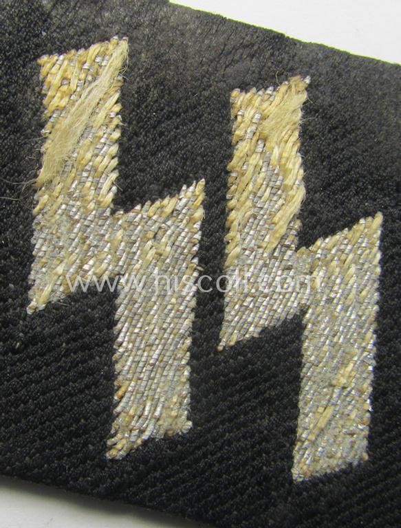 Superb, NCO-pattern Waffen-SS, runic-collar-tab (ie. 'Runen-Kragenspiegel für Unterführer der Waffen-SS') being a so-called: 'flatwire-BeVo'-woven-style example that comes in an overall nice- (albeit worn- ie. carefully tunic-removed-), condition