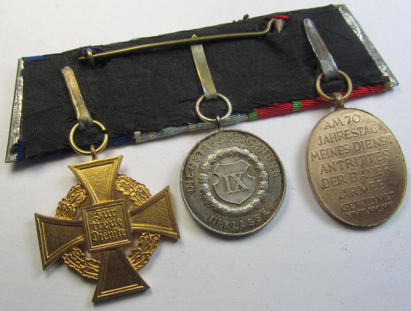 Attractive, 3-pieced 'Bayern'- (ie. TR-) related medal-bar (ie. 'Ordenspange') resp. depicting a WWI-period: 'Bayr. Jubiläumsmedaille für die Armee 1905', a: Bayr. DA 3.Kl. 1913' and a TR-period: 'TD-Ez. der 1.Kl.'