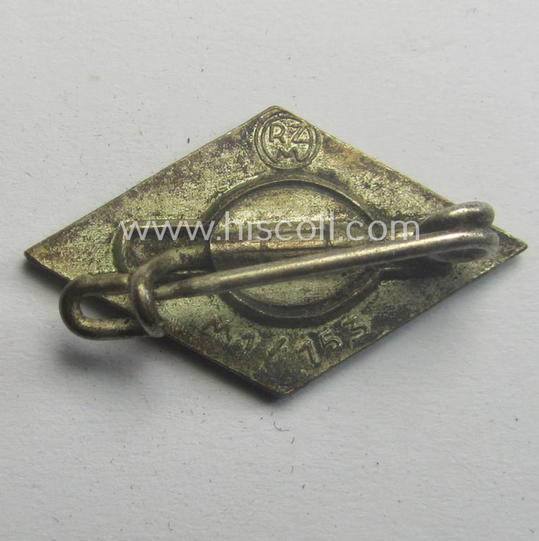 HJ (ie. 'Hitlerjugend') enamelled lapel-pin (ie.: 'Raute') being a darker-red-coloured- (ie. 'opal'-styled) example showing an: 'RzM - M1/153'-makers'-designation