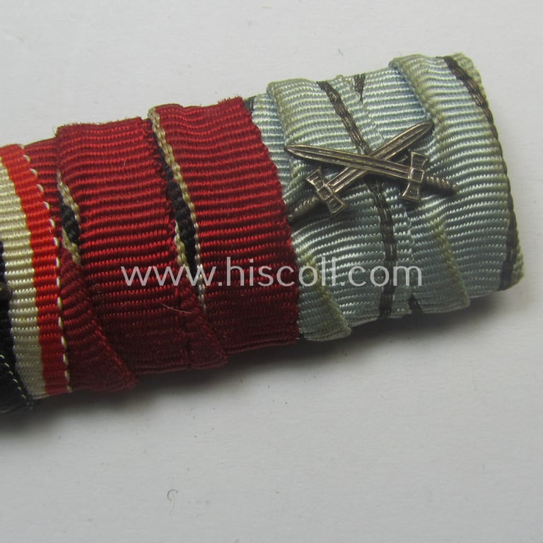 4-pieced, WH (Heeres, LW etc.) ribbon-bar (ie. 'Band- o. Feldspange') showing resp. the ribbons for an: 'EKII. Kl.', a: 'KvK II.Kl. m. Schwn.', an: 'Ost'-medal and a: Bulgarian medal: 'Za Chabrost' (with swords-device)