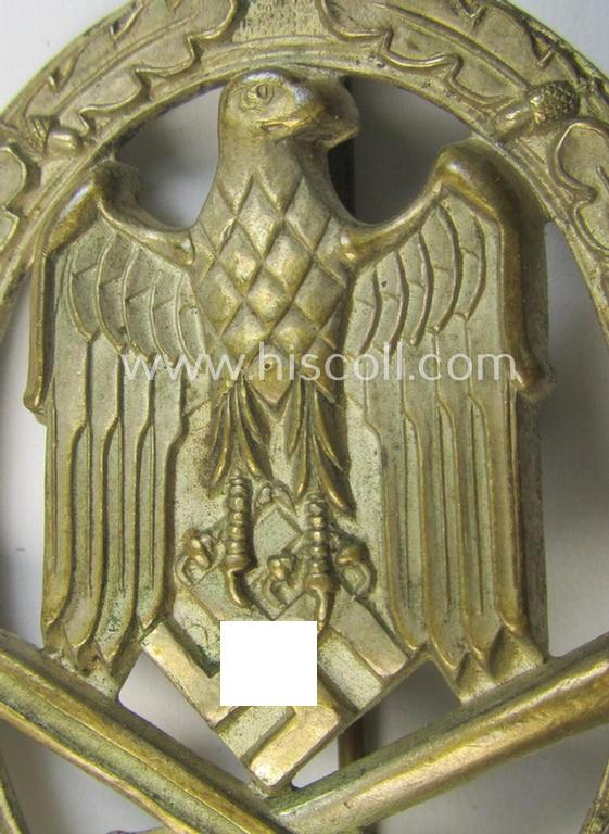 Superb - and moderately worn! - 'Allgemeines Sturmabzeichen' (or: General Assault Badge ie. GAB) being an unmarked, 'Buntmetall'-based- and/or 'hollow-back'-specimen as was produced by the: 'Wilhelm Deumer'-company