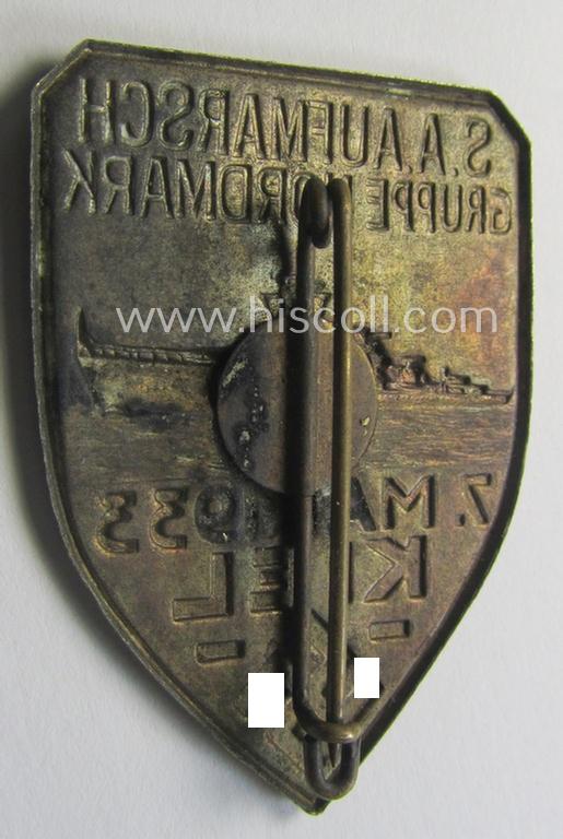 Neat - and scarcely encountered! - SA- (ie. 'Sturmabteilungen'-) related 'tinnie' being a non-maker-marked example showing a battle-ship and text: 'S.A. Aufmarsch Gruppe Nordmark - 7. Mai 1933 - Kiel'