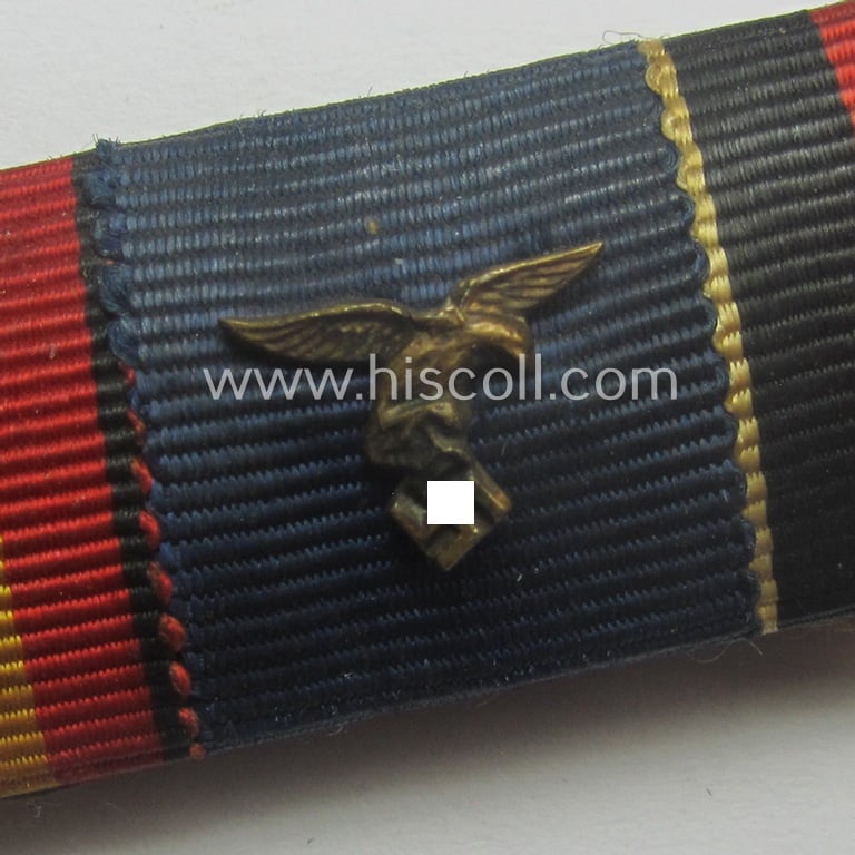 (Pre-)WWII-period (ie. LW- ie. 'Legion Condor') related, 4-pieced ribbon-bar (ie. 'Feld- o. Bandspange') showing resp. two Spanish Civil-War commemorative-medals, a: WH (LW) 'DA der 4. Stf.' and a Czech 'Anschluss'-medal '1 October 1938'