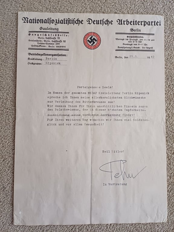 Congratulatory Letter to SS winner Max Seela "Knights Cross" "Totenkopf division“  from the NSDAP Kreisleitung Berlin Köpenick