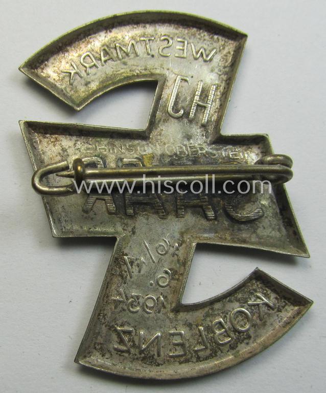 Attractive - and scarcely encountered! - HJ- (ie.'Hitlerjugend'-) related 'tinnie' being a non-maker-marked example showing a (stylised- ie. rounded) 'Wolfshook'-insignia and text that reads: 'HJ Saar - Westmark - Koblenz - 16./17.6.1934'