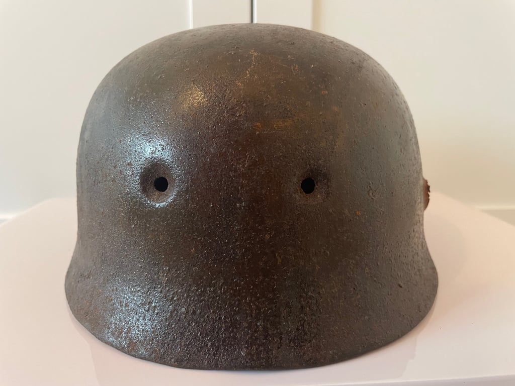 ORIGINAL WWII GERMAN M38 FALLSCHIRMJAGER HELMET WITH BULLET HOLE.