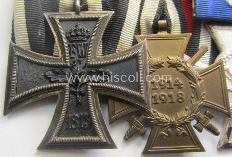 3-pieced 'WWI'- (ie. TR-/Polizei) related medal-bar (ie. 'Ordenspange') resp. depicting a WWI-period: 'EK II.Kl.', a: 'FKK 1914-18' and a: 'Polizei-D.A. 2. Stufe' (or: police loyal-service medal 2nd class)