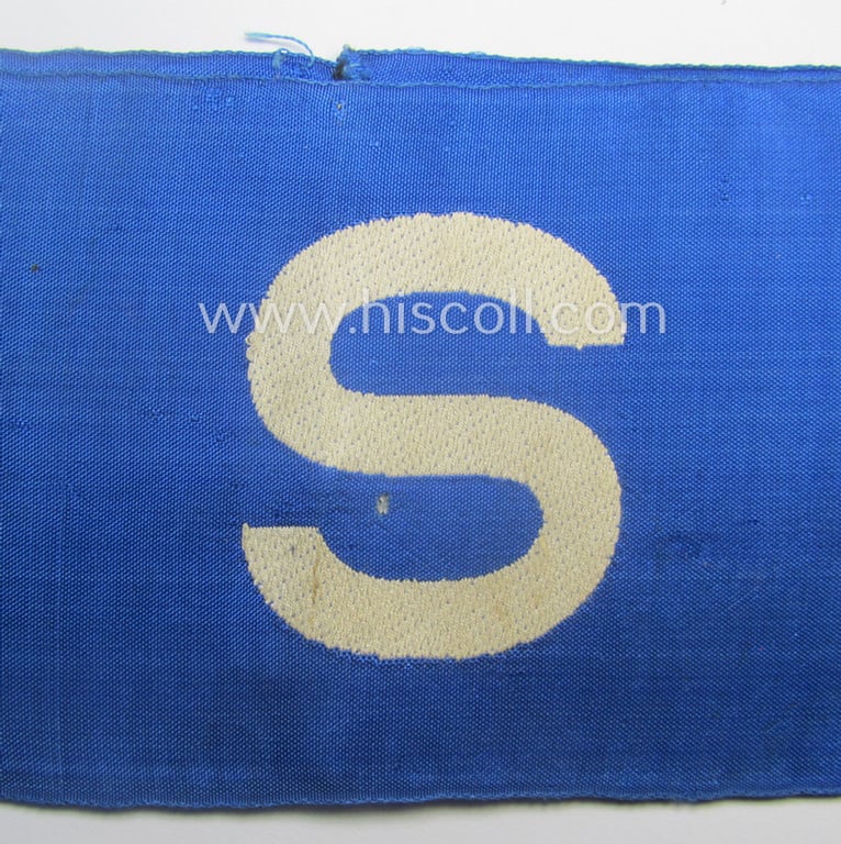 Attractive - and scarcely found! - EM- (ie. NCO-) pattern 'Reichsluftschutzbund' (ie. 'RLB'-) service-armband as executed in the neat 'BeVo'-weave-pattern as was intended for usage by a member serving as an: 'RLB-Betriebs-Sondertruppe Mitglied'