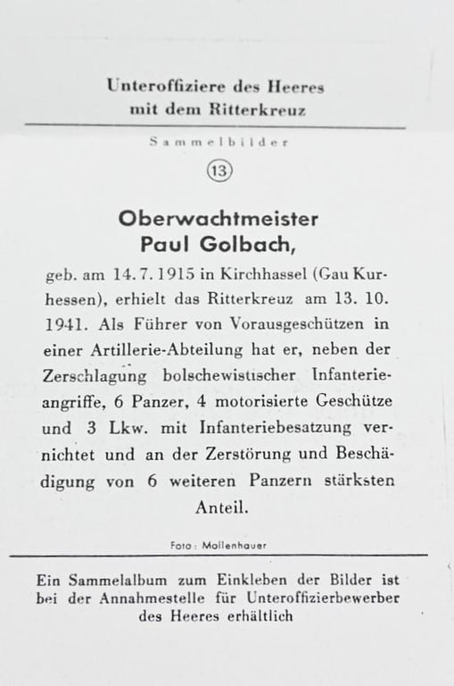 Signature of Wehrmacht Heer KC Recipient 'Paul Golbach'
