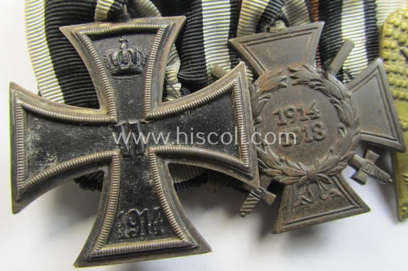 Attractive - and unusually found! - WWI-period so-called: 'Ordenspange' (being of the non-'detachable-pattern') showing resp. an: 'EK II. Kl.'., a: 'FKK 1914-18 mit Schw.' and a: 'Schlesisches Bewährungs-Abzeichen der 2. Stufe o. Schwertern...