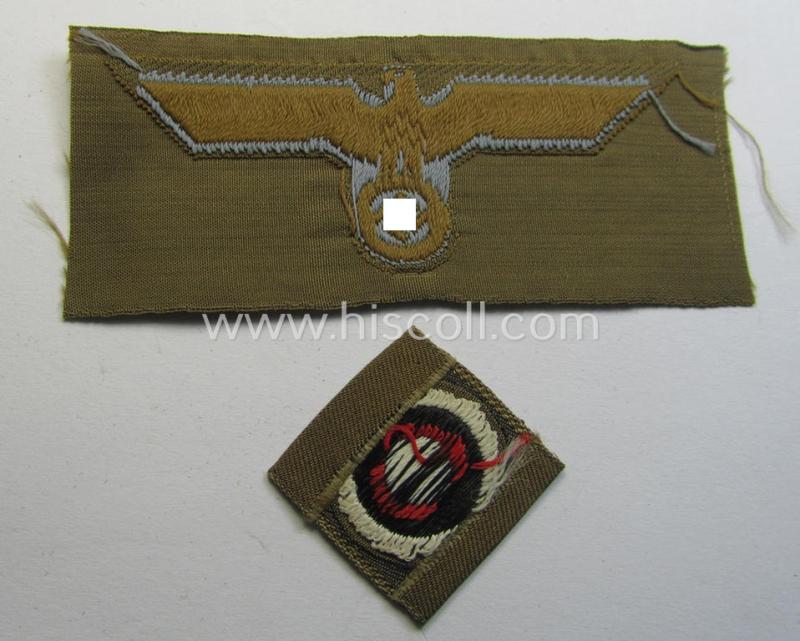 Superb, WH (Heeres) 'tropical-issue' (ie. DAK or: 'Deutsches Afrika Korps'-related-) side-cap-eagle and dito cocarde-set as executed in 'BeVo'-weave-pattern (both insignia-pieces coming in an overall very nice- ie. 'virtually mint' condition)