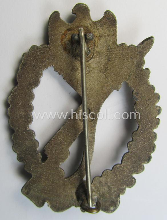 Neat, 'Infanterie Sturmabzeichen in Silber' being a maker- (ie. 'F.L.L.'-) marked and/or quite converse, 'solid-back' example by the maker: 'Friedrich Linden' (ie. 'F.L.L.') as was executed in bright silver-coloured, zinc-based metal