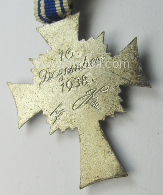 'Ehrenkreuz der deutschen Mutter - zweite Stufe' (or: silver-class mothers'-cross) that came mounted onto its long-sized ribbon and that came stored in its period pouch by the (unusual!) maker: 'Gebr. Gloerfeld K.G. - Lüdenscheid'