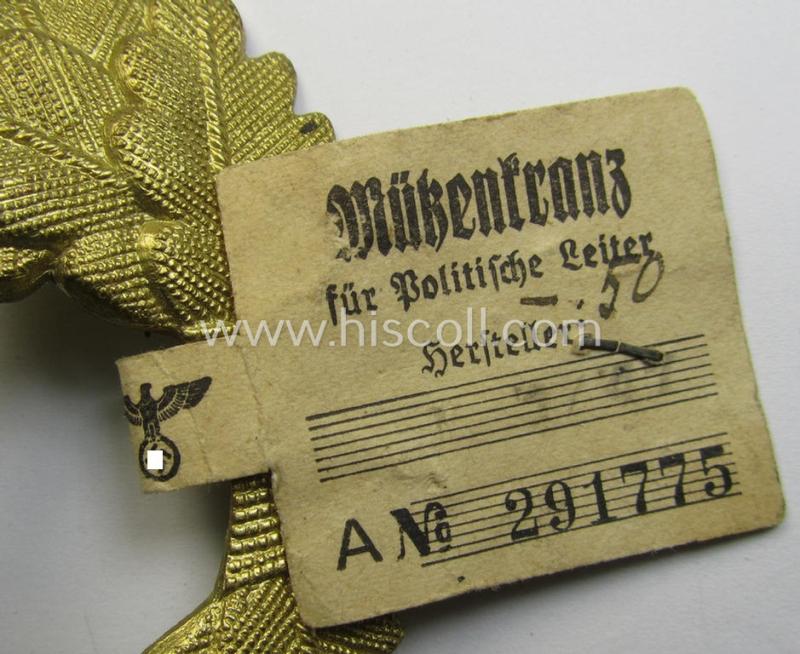 Matching (political-style) N.S.D.A.P.-visor- (ie. 'Schirmmützen'-) cap-insignia-set for a: 'politischen Leiter' (comprising of a cap-wreath and dito cap-cocarde, both pieces being neatly: 'RzM' and/or: 'M1/47'- (ie. 'M1/63'-) marked example...