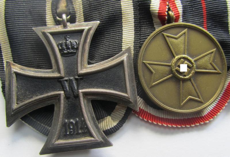 3-pieced 'WWI'- (ie. TR-) related medal-bar (ie. 'Ordenspange') resp. depicting a WWI-period: 'EK II.Kl.', a: 'KvK Medaille 1939' and a: 'FKK 1914-18 mit Schwn.'