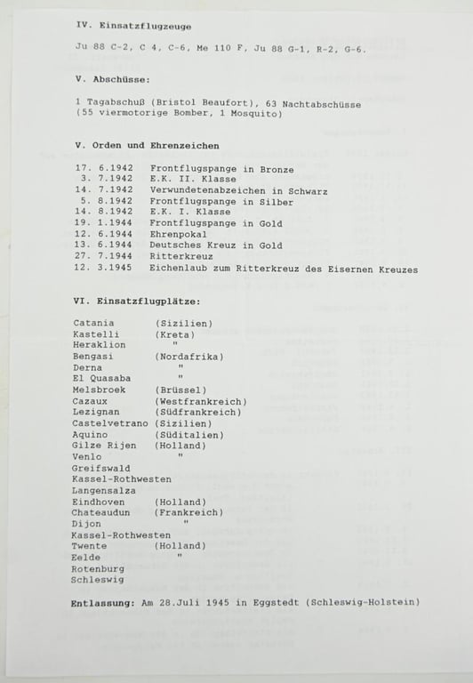 Signature of Luftwaffe KC Recipient 'Heinz Rökker'
