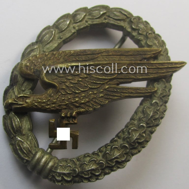 Superb - and just moderately worn!  - WH (Luftwaffe) 'Fallschirmschützen-Abzeichen' being an early-war-period (and typical 'Tombak'- ie. 'Buntmetall'-based!) specimen by: 'Imme & Sohn'