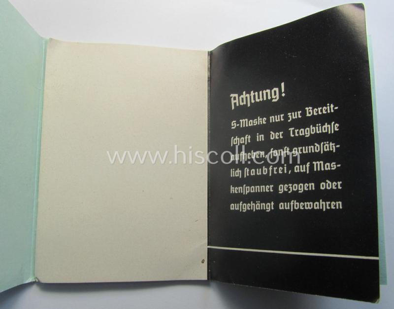 Neat - and actually scarcely encountered! - example of the 16-paged- and/or small-sized booklet on the German ('standard'-issue) 'Wehrmacht' gasmask ('Model S'), entitled: 'Die S-Maske'