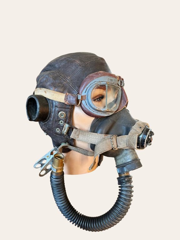 British WWII RAF Flight Cap, Goggles and Oxygen Mask