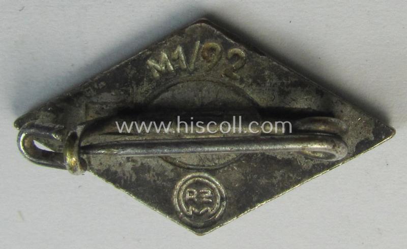 Attractive, HJ (ie. 'Hitlerjugend') enamelled lapel-pin (ie.: 'Raute') being a bright-red-coloured- and/or truly detailed - and non-cleaned and untouched! - example showing an: 'RzM - M1/92'-makers'-designation on its back