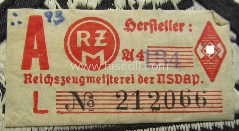 Neat, 'HJ' ('Hitlerjugend') ie. 'BDM' ('Bund Deutscher Mädel') district-triangle (ie. 'Gebietsdreieck') entitled: 'Südost Oberdonau' (being a 'virtually mint' example that retains its period-attached, paper-based so-called: 'RzM'-etik...