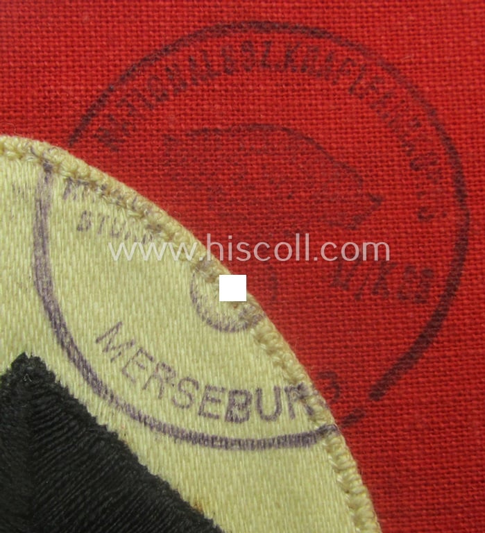 N.S.K.K.-related party-armband (ie. 'Armbinde') being of the 'party woven'-pattern (and showing two clear ink-stamps that both read: 'Nat. Soz. Kraftfahrkorps - Kraftf.Sturm 17/K 38 - Merseburg')