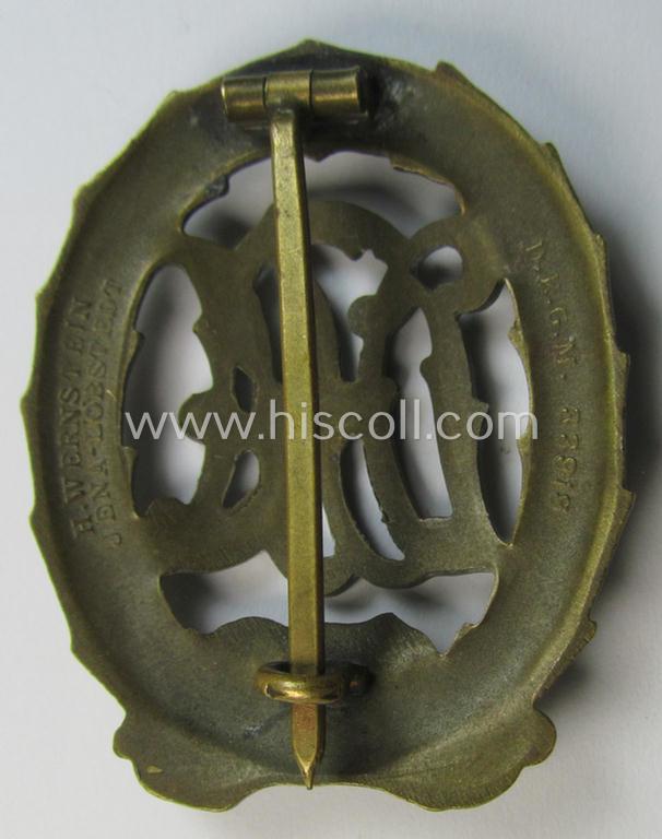 Attractive - and early-period! - 'Reichssportabzeichen DRA in Bronze' (or: bronze-class DRA sports'-badge) being a neat 'Buntmetall'-based example that is nicely maker- (ie. 'Wernstein - Jena'-) marked on its back