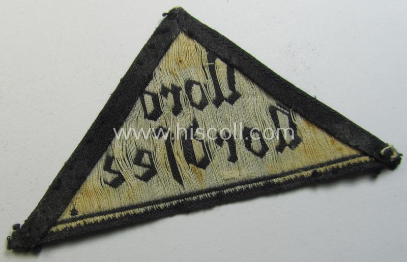 'HJ' ('Hitlerjugend') ie. 'BDM' ('Bund Deutscher Mädel'-) district-triangle (ie. 'Gebietsdreieck') entitled: 'Nord Nordsee' being a moderately used- ie. worn example that misses its paper-based 'RzM'-etiket